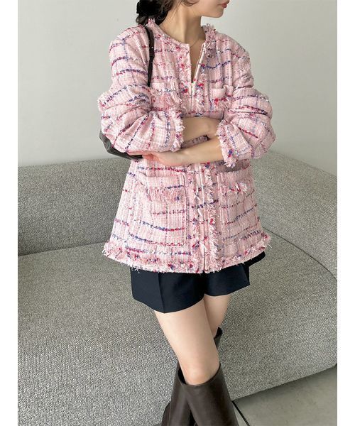 snidel ツイード ジャケット PNK 0ザイズ SNIDEL（スナイデル） ジャケット ノーカラージャケット ツイード