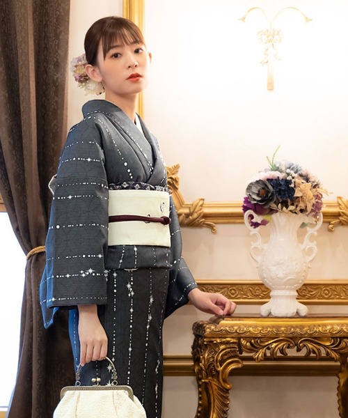 しつけ付　コーマ地　本染め　浴衣　着物　夏物　161㎝　黒　ブラック　緑　水まえ KIMONOMACHI 洗える着物 セット「袷着物：かすみ草に青海波墨色