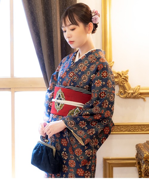 KIMONOMACHI 着物 レディース 洗える着物2点セット 袷着物+京袋帯 M/L