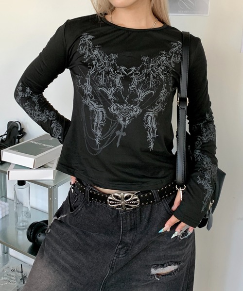 [古着]ビンテージ　長袖　Tシャツ　ロンT　プリント　ラグラン　黒　白　Y2K 古着]ビンテージ 長袖 Tシャツ ロンT プリント ラグラン 黒 白