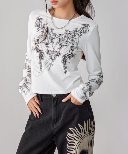 lilful tシャツ フィンガーホール付き Y2KプリントデザインロンT
