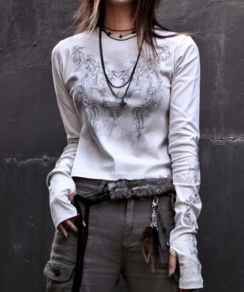 【希少】Ozz Croce 茶 プリント 長袖シャツ 十字架 ベルト y2k 6color] y2kシャーリングクロップド長袖Tシャツ | ファッション