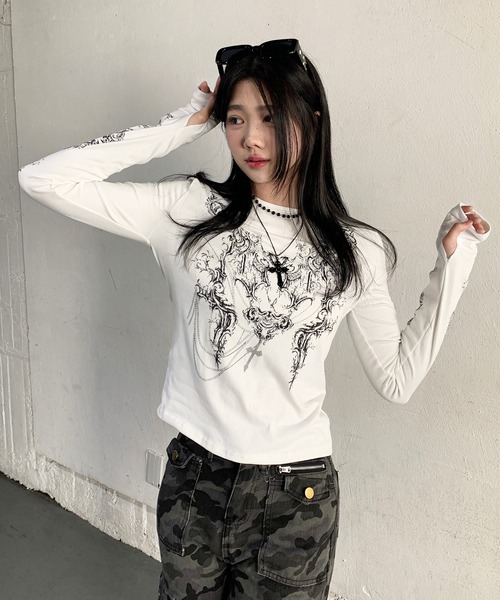 【希少】Ozz Croce 茶 プリント 長袖シャツ 十字架 ベルト y2k Y2Kファッション メッセージプリントクロップド長袖Tシャツ