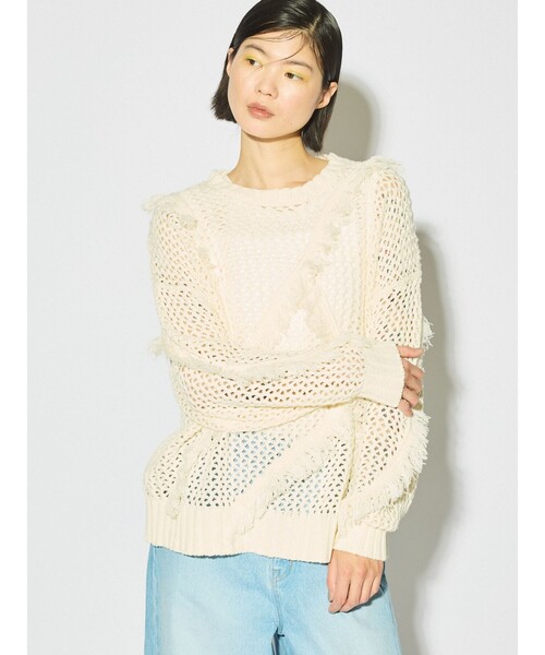 ニット セーター MIDIUMISOLID for Ladies フリンジメッシュプルオーバー レディース