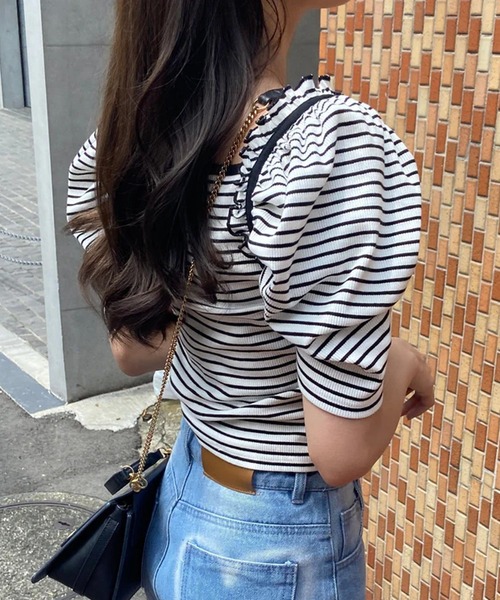 tシャツ パフ袖パワショルトップス レディース