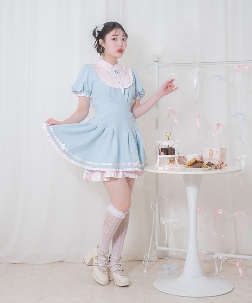 Honey Cinnamon 配色ツイードポイントリボンワンピース Honey Cinnamon ワンピース 配色ツイードポイントリボン