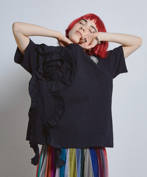 tシャツ ローズフリルTシャツ レディース