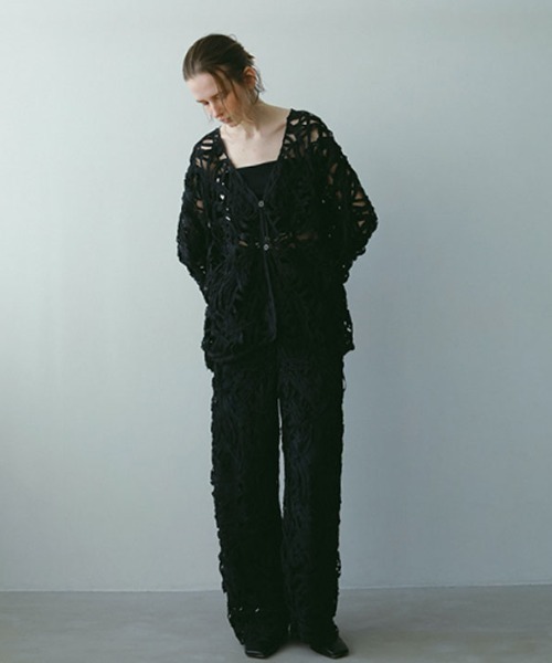 ETRE TOKYO◆ノーカラーレースシャツ/FREE/ポリエステル/GRY/1222410105-0 ETRE TOKYO ブラウス シャツ ブレードパターンノーカラーシャツ