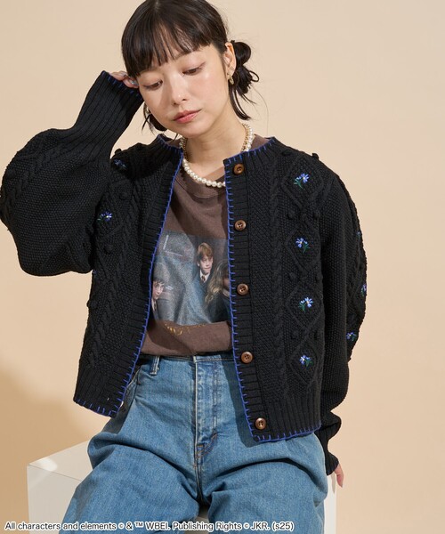 80s　スミレの花　刺繍　カーディガン　ヴィンテージニット　ベージュ　FS9 FREAK'S STORE カーディガン 花刺繍 / パフスリーブ ニット
