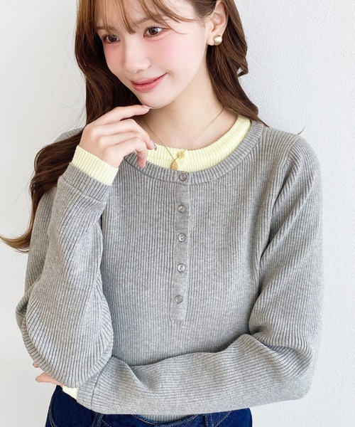 moment+ ニット セーター ヘンリーネック配色ラインレイヤード風ニット