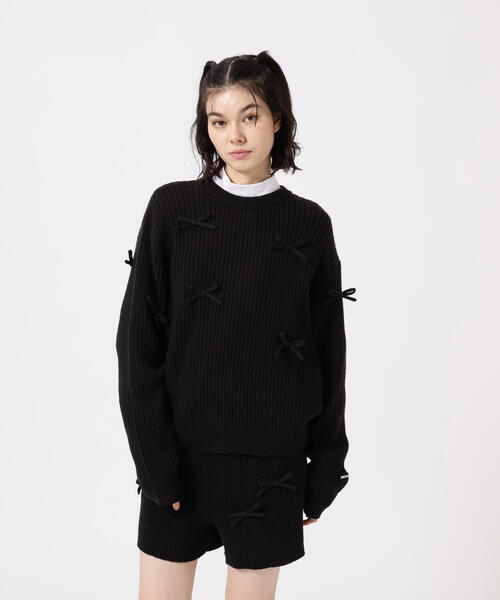 【美品】JACK BUNNY 黒 クルーネックセーター Jack Bunny!!（ジャックバニー） ニット セーター 7G2PLY袋編み リボン