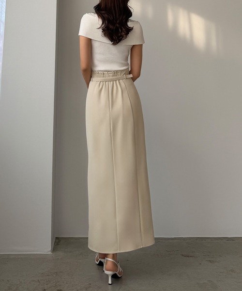 【PLEATS PLEASE】ウエストゴム スリット タイトスカート Louere（ルエレ） スカート 細ベルト付き前スリットタイトスカート