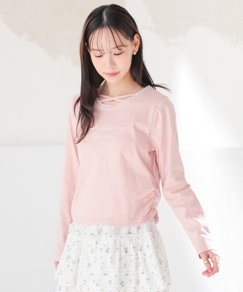 HONEY MEW チェッククロスアンサンブルトップス ピンクXS Honeys（ハニーズ） tシャツ レース付クロストップス レディース