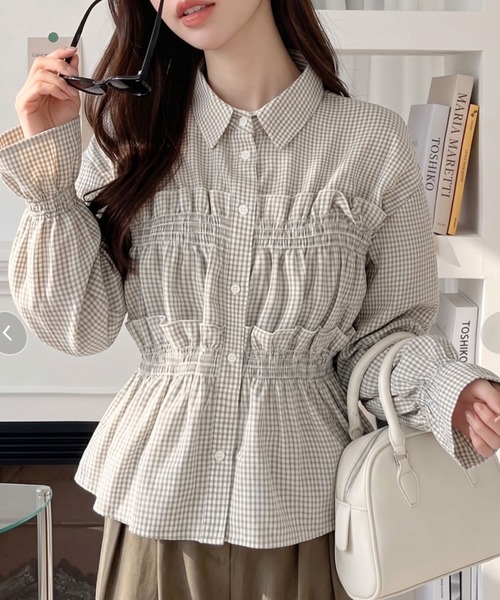 Ada. ブラウス シャツ シャーリング切替 フリル ブラウス レディース