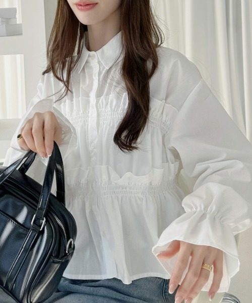 Ada. ブラウス シャツ シャーリング切替 フリル ブラウス レディース