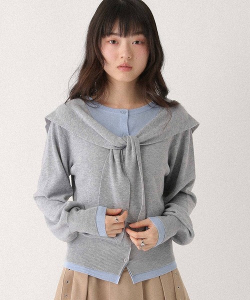 新品♡レイヤードベージュニット★送料込 1枚で重ね着が楽しめる！レイヤード風ケーブル編みニットトップス