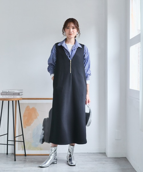 SMILELAND ワンピース 「大きいサイズ」ダンボールニットハーフジップ