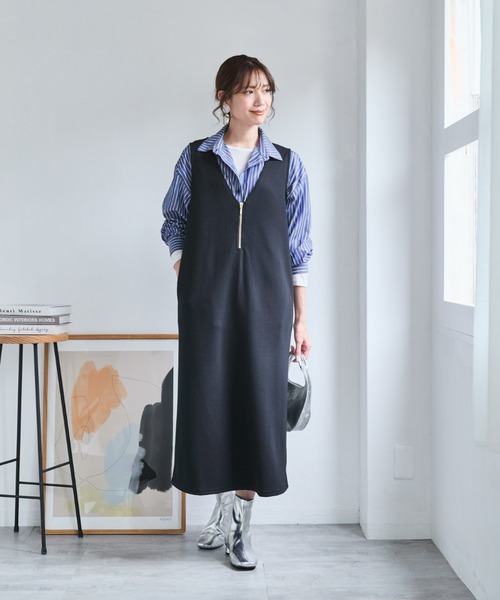 SMILELAND ワンピース 「大きいサイズ」ダンボールニットハーフジップ