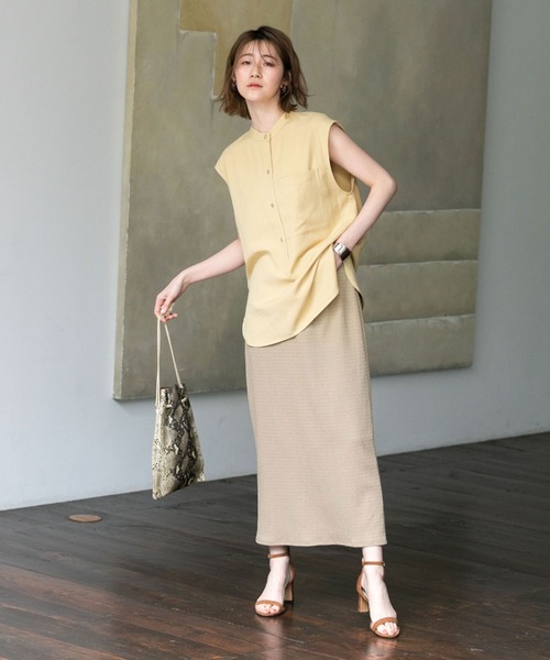 リネン混 ミニ千鳥 ノースリーブブラウス シャツ ブラウス 384001 リネン混 ミニ千鳥 ノースリーブブラウス シャツ ブラウス トップス