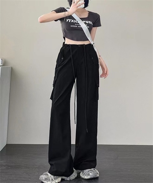 リネンブレンド♡ハイウェストカーゴパンツ FREE STYLISTS カーゴパンツ 裾ドロストカーゴパンツ レディース