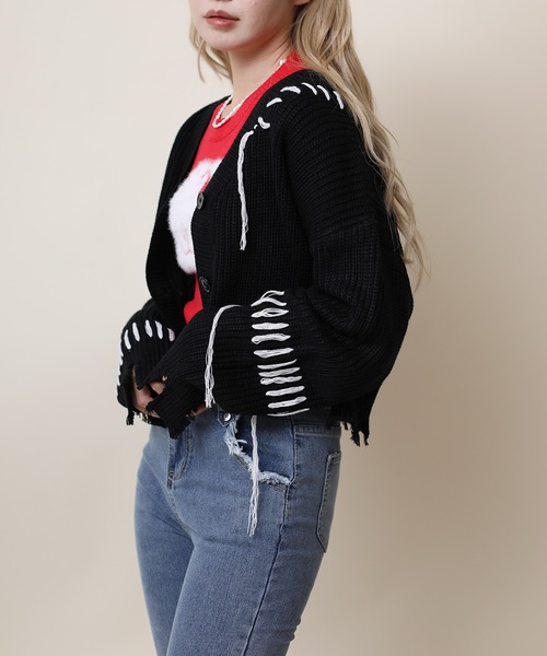 カーディガン 「HOOK」for girls クレイジーステッチショット丈ニットカーディガン レディース セール】【HOOK】for girls クレイジーステッチショット丈ニット