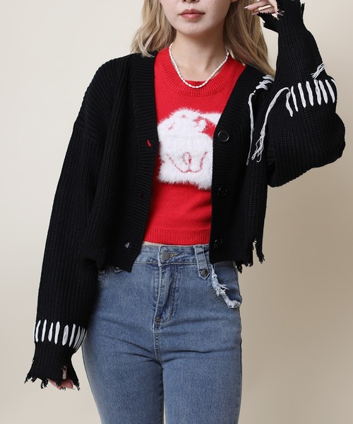 カーディガン 「HOOK」for girls クレイジーステッチショット丈ニットカーディガン レディース セール】【HOOK】for girls クレイジーステッチショット丈ニット