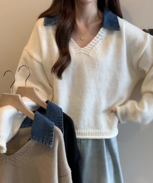 N.s ニット セーター デニム襟ドッキングVネックニットトップス