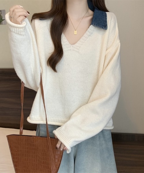 新品未使用タグ付き　Vin　ヴァン　異素材　ニットドッキングジップ 予約：9月中旬納期】千鳥柄切替えニット ニット レディース