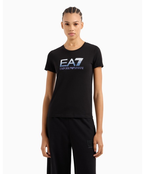 tシャツ 「エンポリオ アルマーニ EA7」Logo Series クルーネックTシャツ ストレッチコットン スパンコールロゴ レディース
