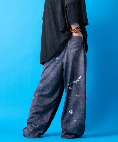 ジーンズ a.p.o.v. フェイクヴィンテージデニム転写スウェットパンツ