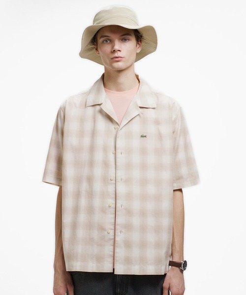 LACOSTE 23SSバンドカラーリネンシャツ 七分袖 ブラウン テラコッタ 七 