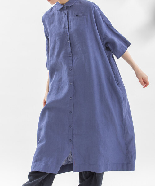 美品 Theory リネン混 シャツワンピース ウォッシャブル ネイビー nop de nod（ノップドゥノッド） ワンピース Cielリネン5分袖シャツ