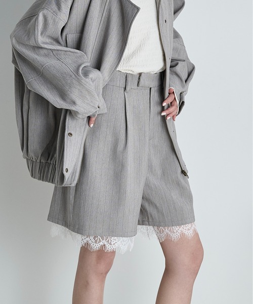 THE Yon パンツ レースレイヤードヘムピントライプタックフレア