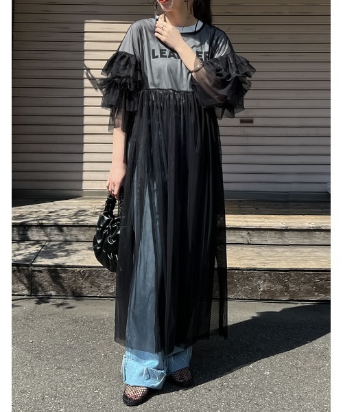 「Re:EDIT」 半袖ワンピース MEDIUM グレー レディース_画像3