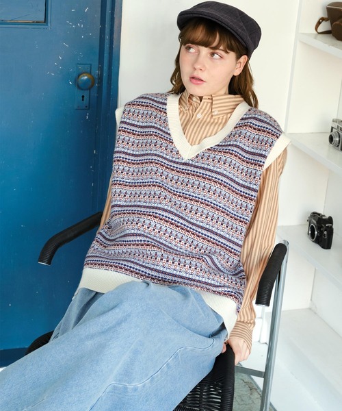 ベスト ジレ ジャガード柄Vネックニットベスト レディース メンズ