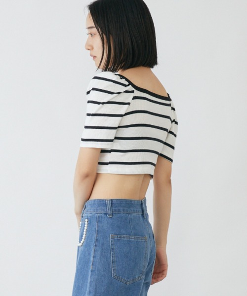 tシャツ パフスリーブクロップド丈ボーダートップス レディース