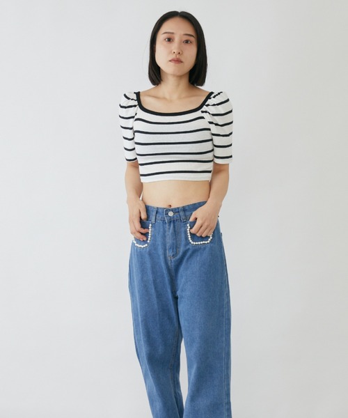 tシャツ パフスリーブクロップド丈ボーダートップス レディース