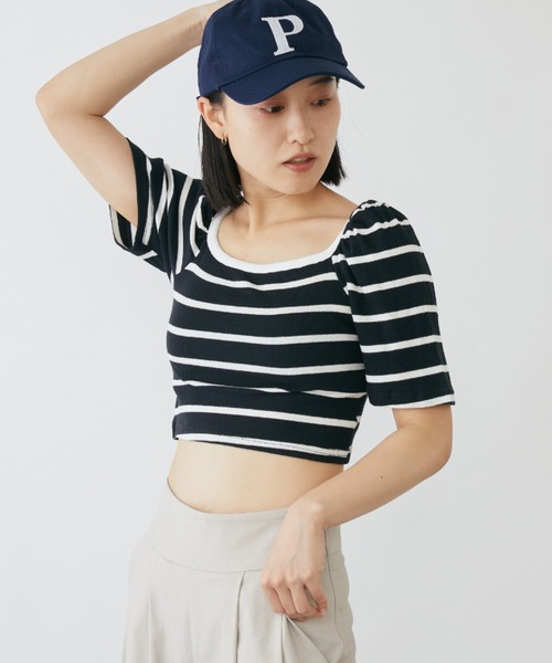 tシャツ パフスリーブクロップド丈ボーダートップス レディース