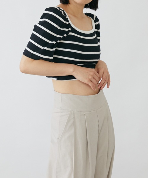 tシャツ パフスリーブクロップド丈ボーダートップス レディース