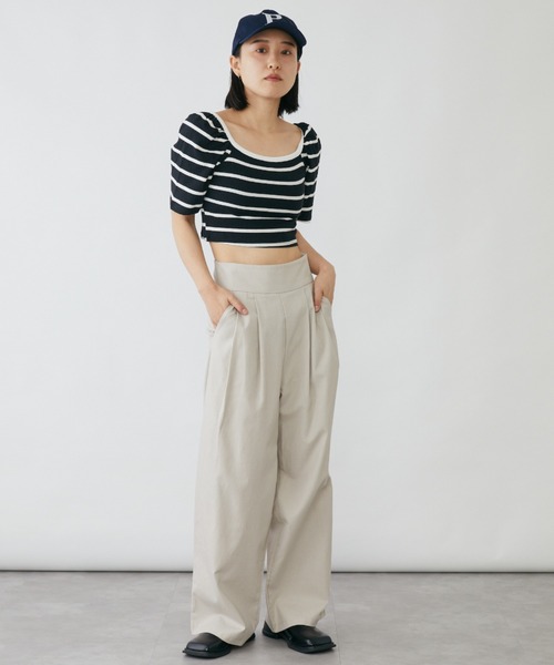 tシャツ パフスリーブクロップド丈ボーダートップス レディース