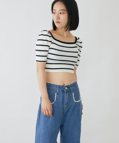 tシャツ パフスリーブクロップド丈ボーダートップス レディース