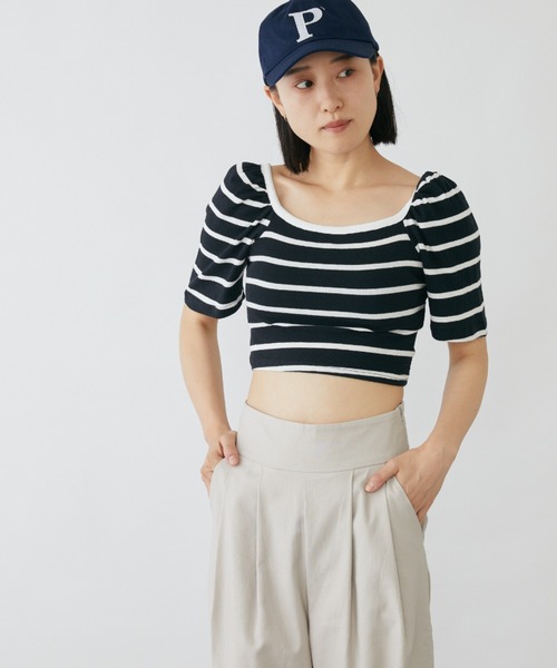 tシャツ パフスリーブクロップド丈ボーダートップス レディース