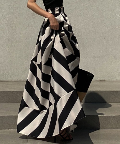 deux amour スカート ストライプ×ボーダー切り替えフレアロング