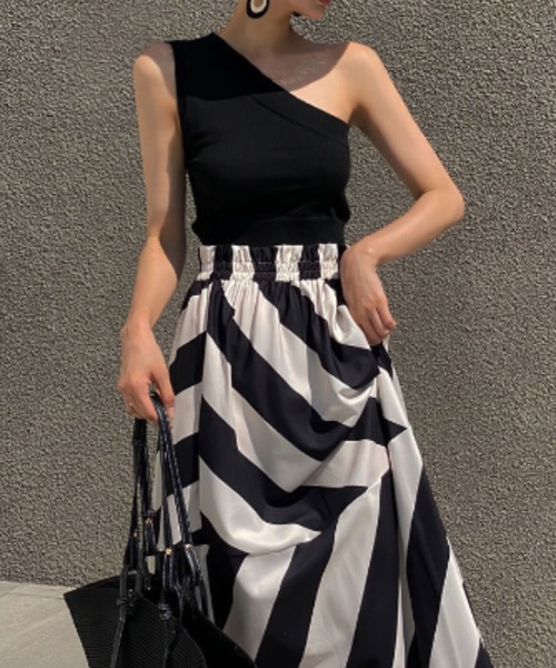 deux amour スカート ストライプ×ボーダー切り替えフレアロング