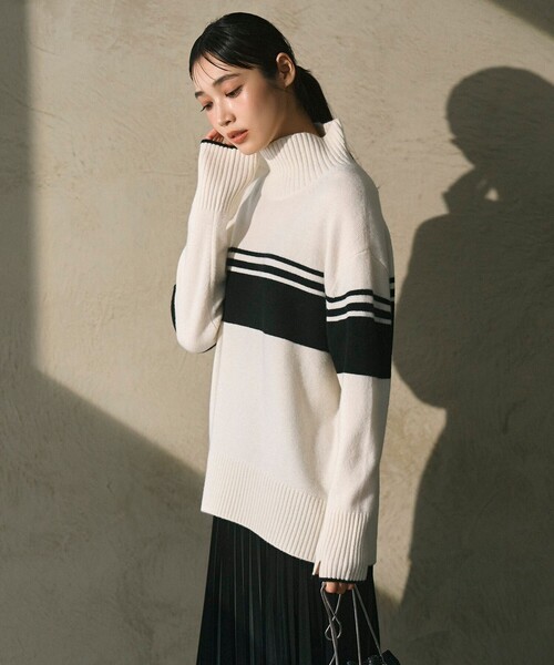 ニット セーター 「CLASSY.1月号掲載・洗える」ソフトカシミヤミックス 配色ボーダーハイネックニット レディース