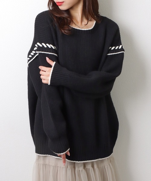 ニット/セーター Lace Cut-Out Ribbed Pullover Lace Ladies（レースレディース） ニット セーター ラウンド ネック