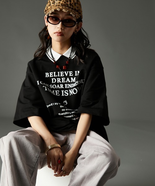 大きいサイズ レディース トップス 綿100％衿付ロゴプリントTシャツ有GEVS. GEVS. tシャツ 綿100％衿付ロゴプリントTシャツ「大きいサイズ有