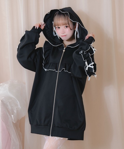 フリルリボンジップアップ Honey Cinnamon Honey Cinnamon パーカー フリルリボンジップアップ レディース
