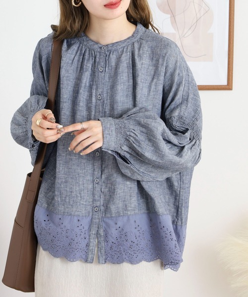ブラウス シャツ リネン　裾切替刺繍レースシャーリングふんわり袖包み釦ブラウス レディース