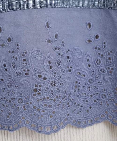 ブラウス シャツ リネン　裾切替刺繍レースシャーリングふんわり袖包み釦ブラウス レディース ubasoku ブラウス シャツ リネン 裾切替刺繍レースシャーリング